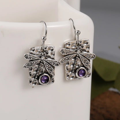Amethyst Drop Earrings Boho Dragonfly Dangle Earrings For Women Unique Artisan Handmade Jewelry