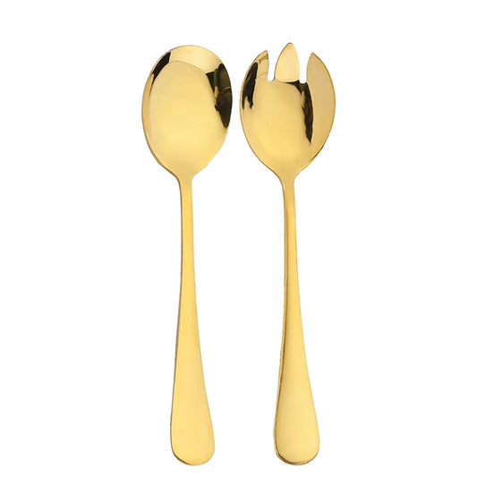 2Pcs Gold Salad Spoon Fork Stainless Steel Salad Server European Style Salad Cutlery Set Kitchen Tool Accessories
