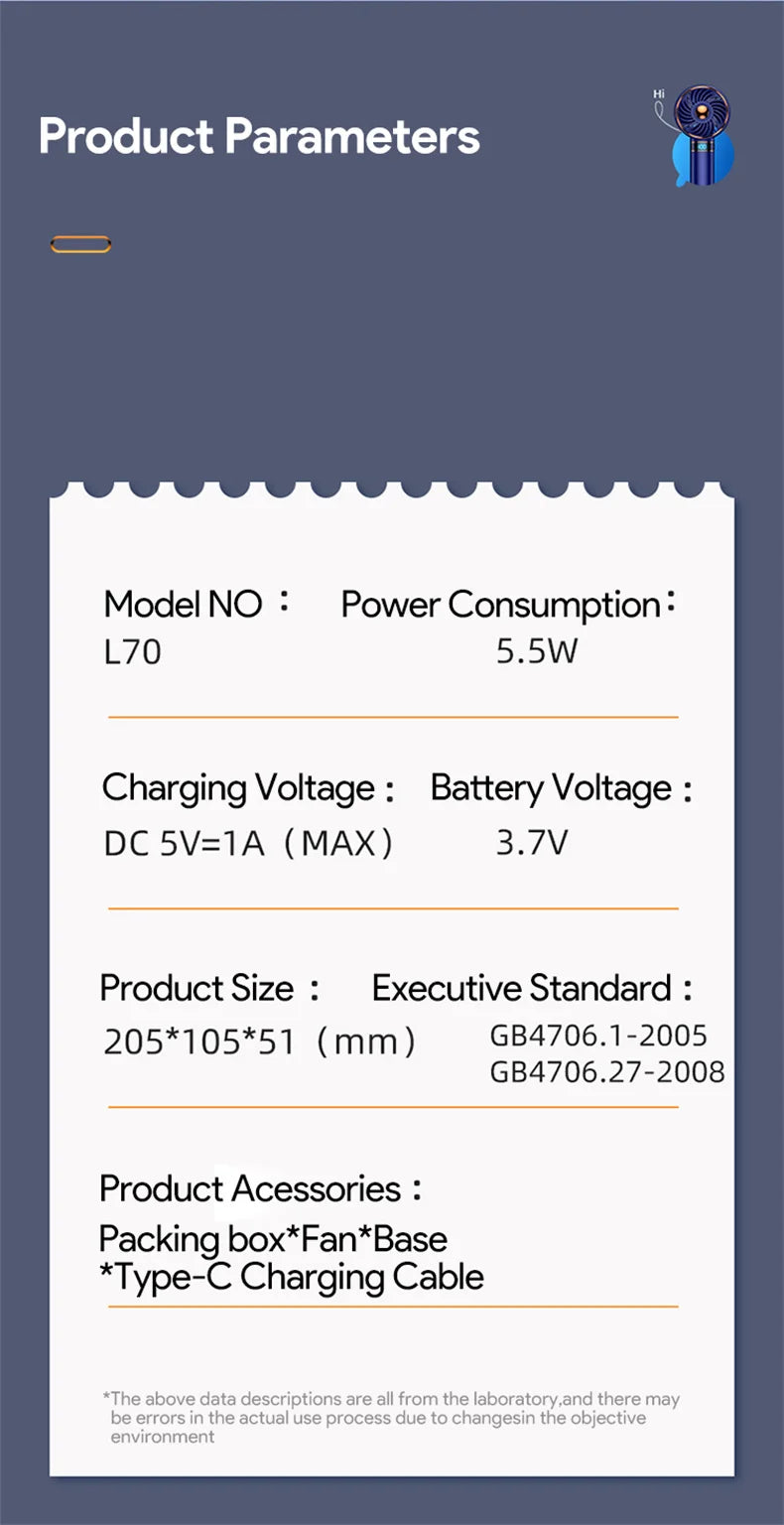 Hand Fan 2024 New Handheld Mini Fan USB 5000mAh Rechargeable Mini Portable Small Pocket Fan Data Display