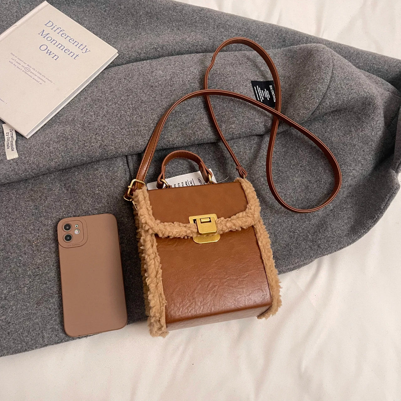 Fashion Small Totes Bag 2024 Trend PU Leather Shoulder Bags for Women Cute Short Handle Crossbody Phone Bag Luxury Fur Handbags