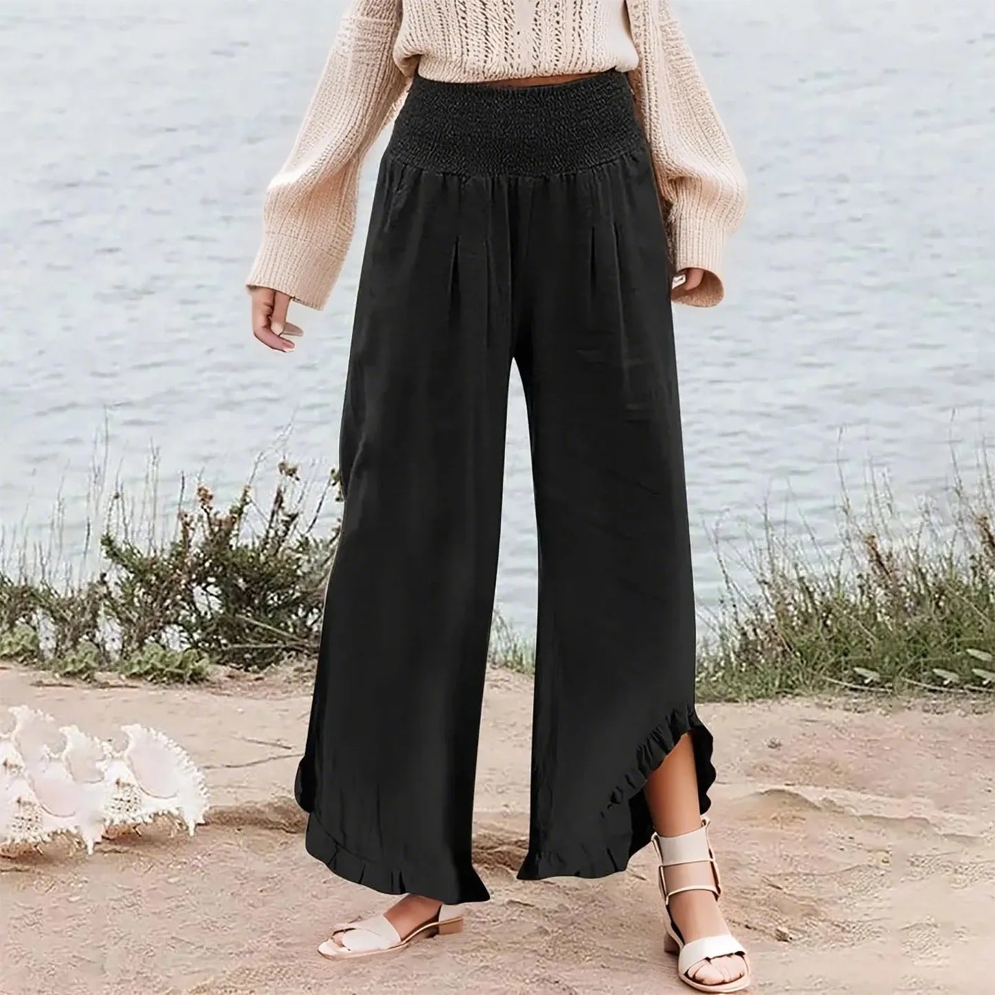 Summer Womens Palazzo Pants Summer Casual Flowy Wide Leg Trousers Beach Travel Vacation Outfits All Match Loose Baggay Pants