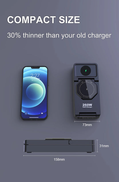 7-in-1 Charging Station 260W GaN Fast USB C Desktop Charger 15W Magnetic Wireless Charger for iPhone 16/15 Pro Max MacBook Pro