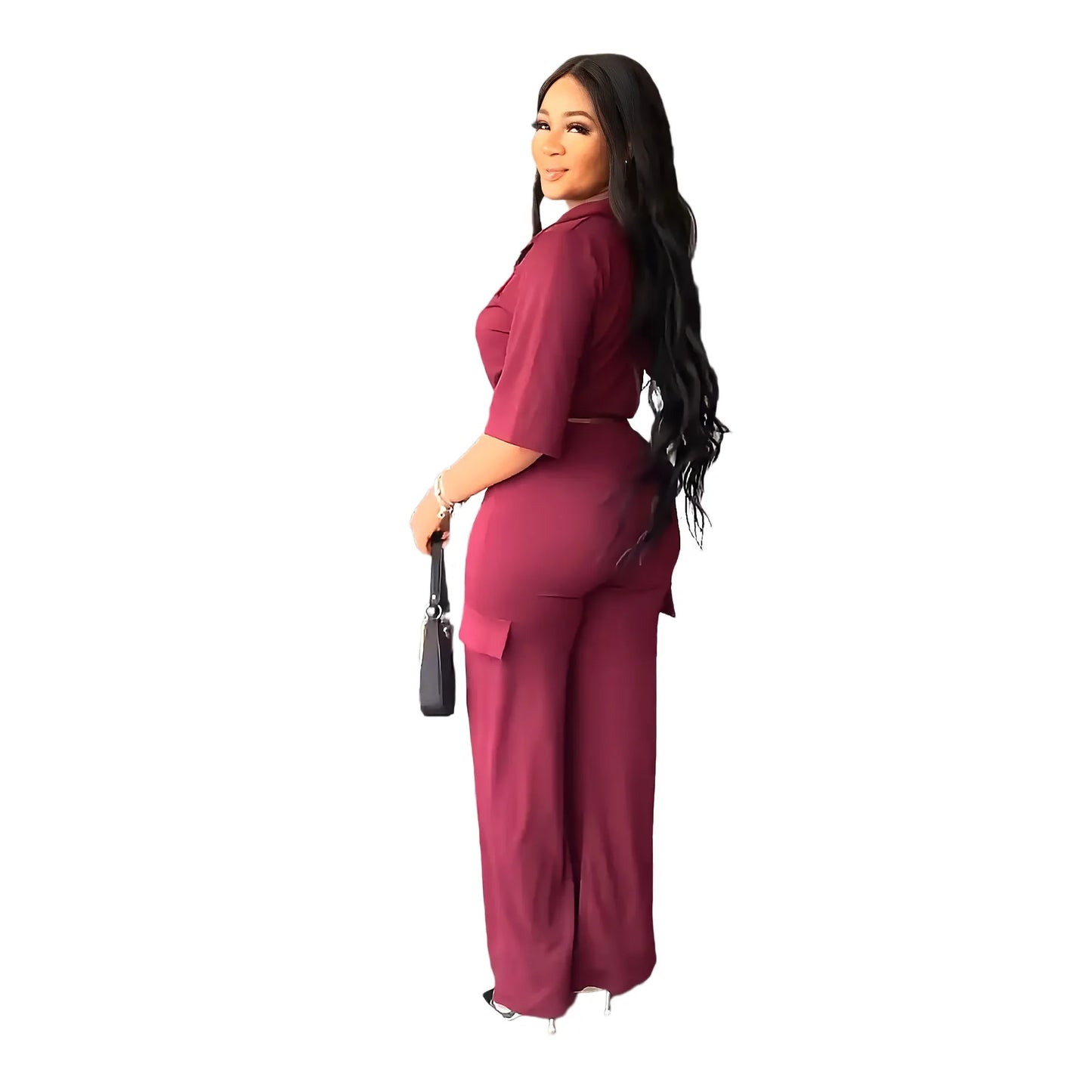 Elegant Office Women Two Piece Sets Autumn V Turn-down Neck Half Sleeve Drawstring Lace Up Short Shirt + Wide Leg Trousers Set
