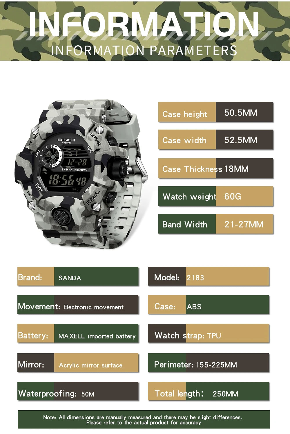 SANDA 2183 Fashion Military Student Electronic Watch Multi functional Timer Waterproof LED Student Electronic Digital Watch