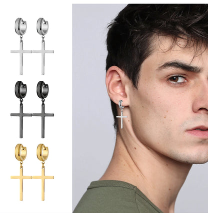 Punk Stainless Steel Frosting Hoop Earrings Design Women Men Pierced Cross Ear Jewelry Accessories Party Dangle Earring