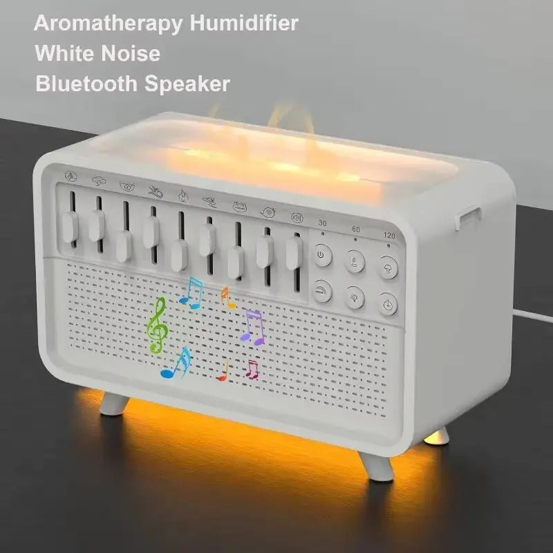 White Noise Sleep Sound Machine Flame Air Diffuser Humidifier with BT Speaker and Night Light Essential Oil Diffuser for Bedroom