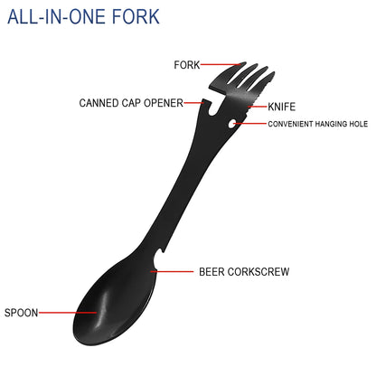 Multi-functional Outdoor Survival Tools 5 in 1 Camping Hiking Gear Practical Fork Knife Stainless Steel Spoon & Bottle Opener