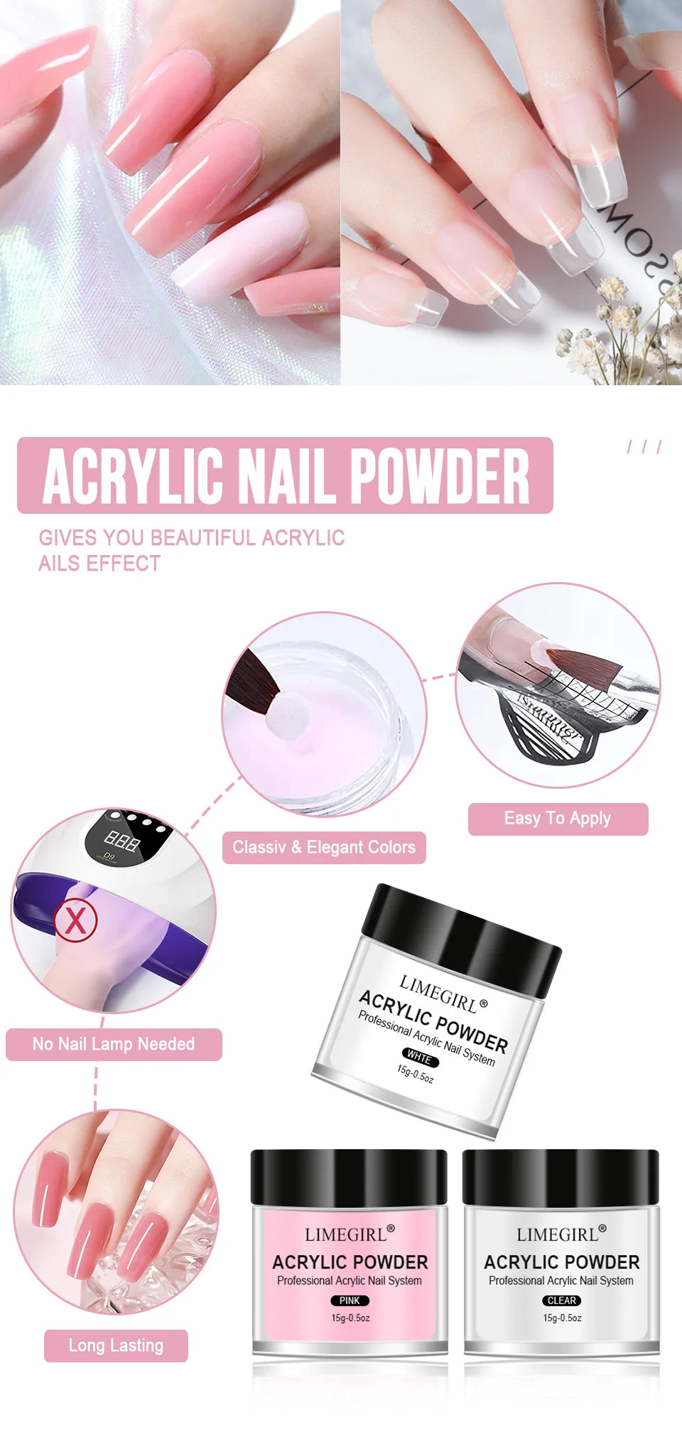 40ml Crystal Liquid With 45ml Acrylic Powder Set Lnclude Pink White Transparent Acrylic Powder Kit Suitable Beginner Nail Kit