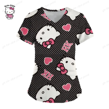 Hello Kitty Print surgical uniforms pharmacy hospital nurse scrubs tops breathable beauty salon dentistry pet doctor overalls