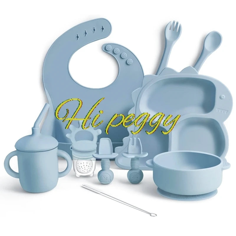Baby Silicone Tableware Dinosaur Plate Dishes For Kids Personalized Name Baby Feeding Sets Fruit Feeder Baby Led Weaning Supplie