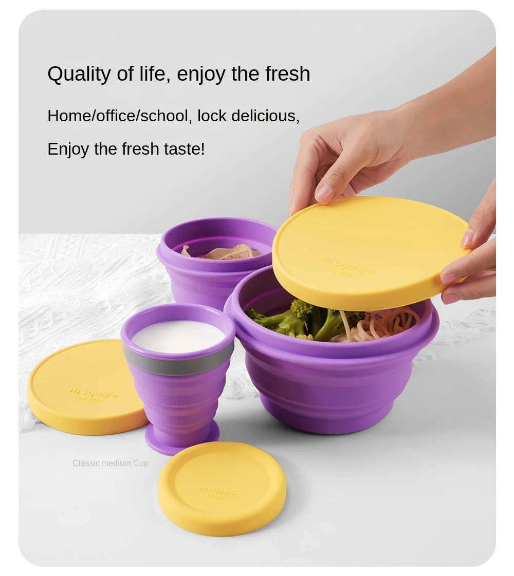 Silicone Bowl Foldable with Lid Camping Baby Travel Portable Round Large Food Container Heat Resistant Salad Bowl