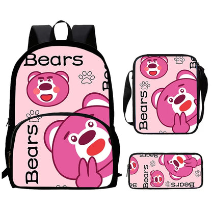 Child School Backpack with Front Pocket,Shoulder Bag,Pencil Bag for Aged 5-10,Cartoon Strawberry Bear School Bags for Boys Girls