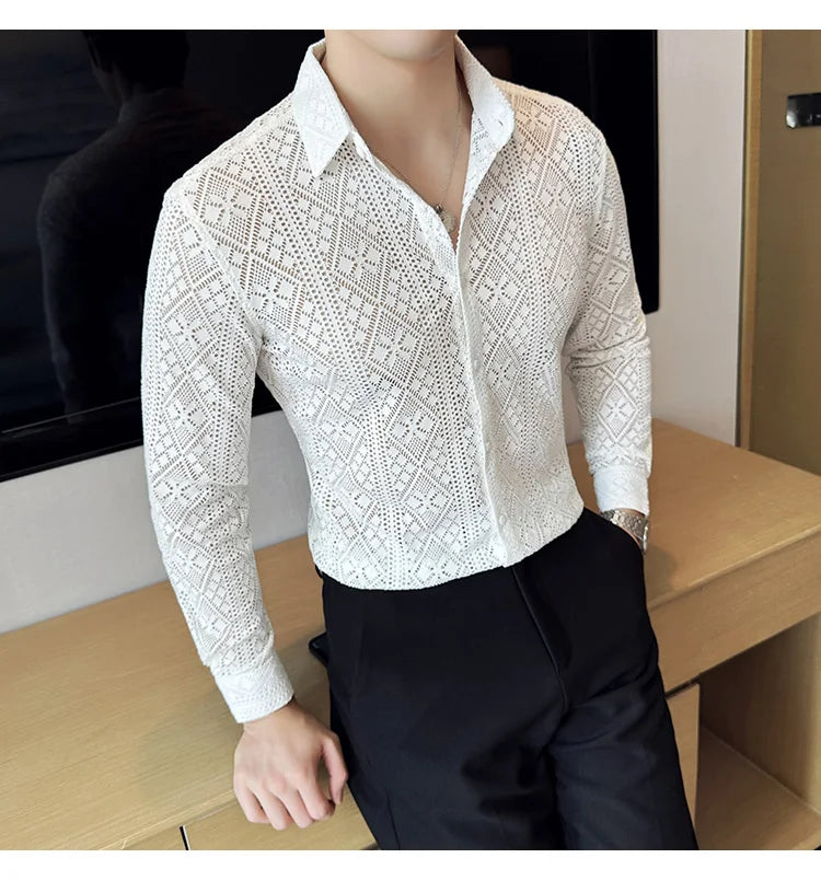 Quality Hollow Shirts For Men Korean Luxury Clothing Fashion Sexy Lace Men's Social Shirt Dress Slim Fit Long Sleeve Prom Tuxedo