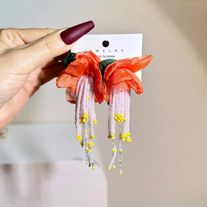 Bohemian Fabric Long Flower Earrings Big Statement Earrings Fringe Beads Drop Earrings Women Jewelry Handmade Vintage Earrings