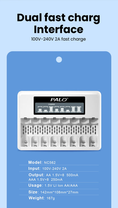 8 Slots 1.5V AA/AAA Rechargeable Battery Charger LCD Display Usb Fast Intelligent Charger for 1.5 Volts Li-lon AA AAA Battery