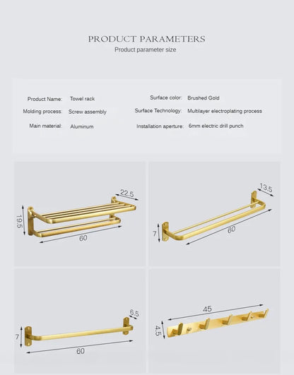 Bathroom Accessories Brushed Gold Space Aluminum Towel Rack Shelf European Hardware Pendant Set Storage Bar Paper Holders