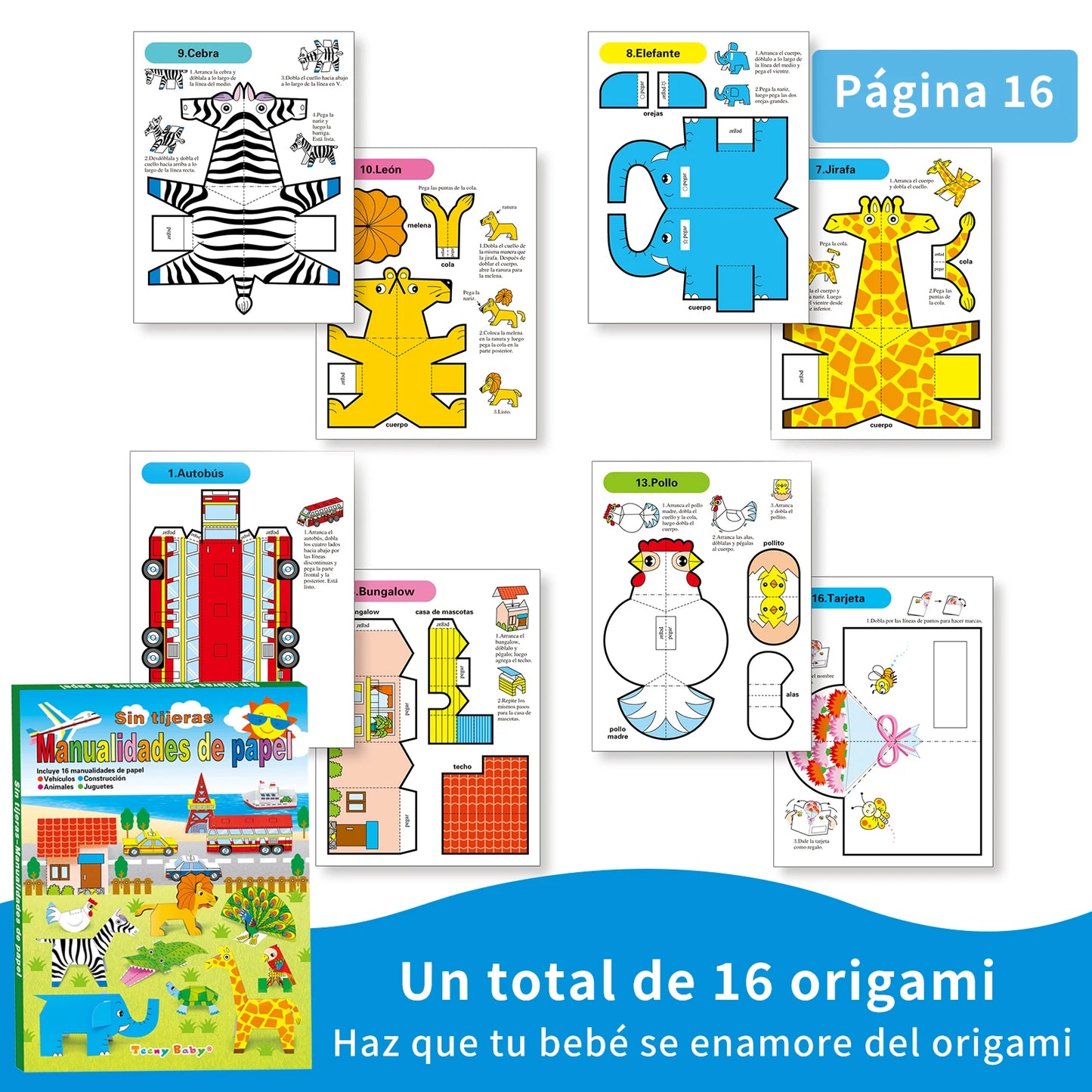 16 - Piece Origami Kit for Babies: Fun Animal - themed DIY Craft Set Kids Learning