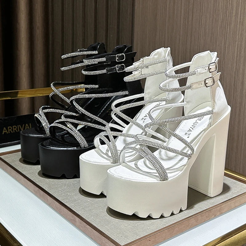 Car Model Catwalk Banquet Performance Women's Shoes 16 Cm Waterproof Pole Dance Crystal 15CM High Heel Chunky Sandals