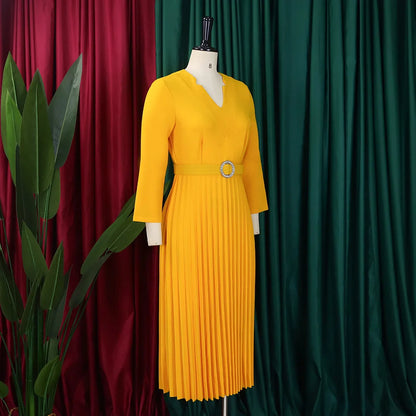 Office Dresses for Women V Neck Full Sleeve Belt Waisted Pleated Mid Calf Elegant Female Business Work Wear Dress Midi Cloth New