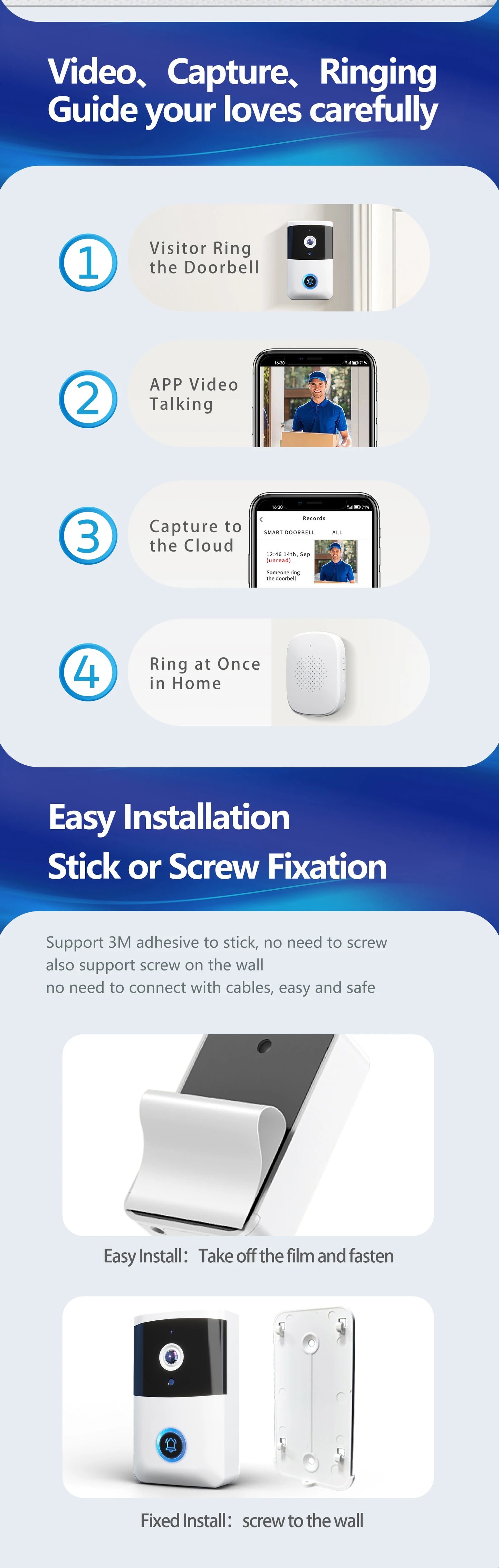 WiFi Doorbell One Way Wakeup Wireless Video Doorbell with Camera and Audio Suitable for Outdoor, Indoor Smart Home Doorbells