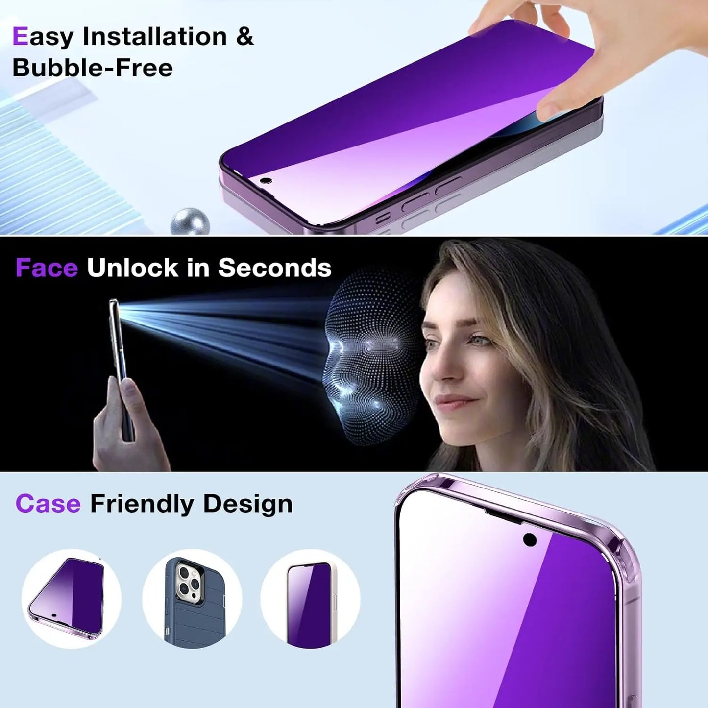 Anti Blue Ray Light Tempered Glass for iPhone17 16 15 14 13 12 11 Pro Max Privacy Screen Protector Purple 9H Tempered Glass Film