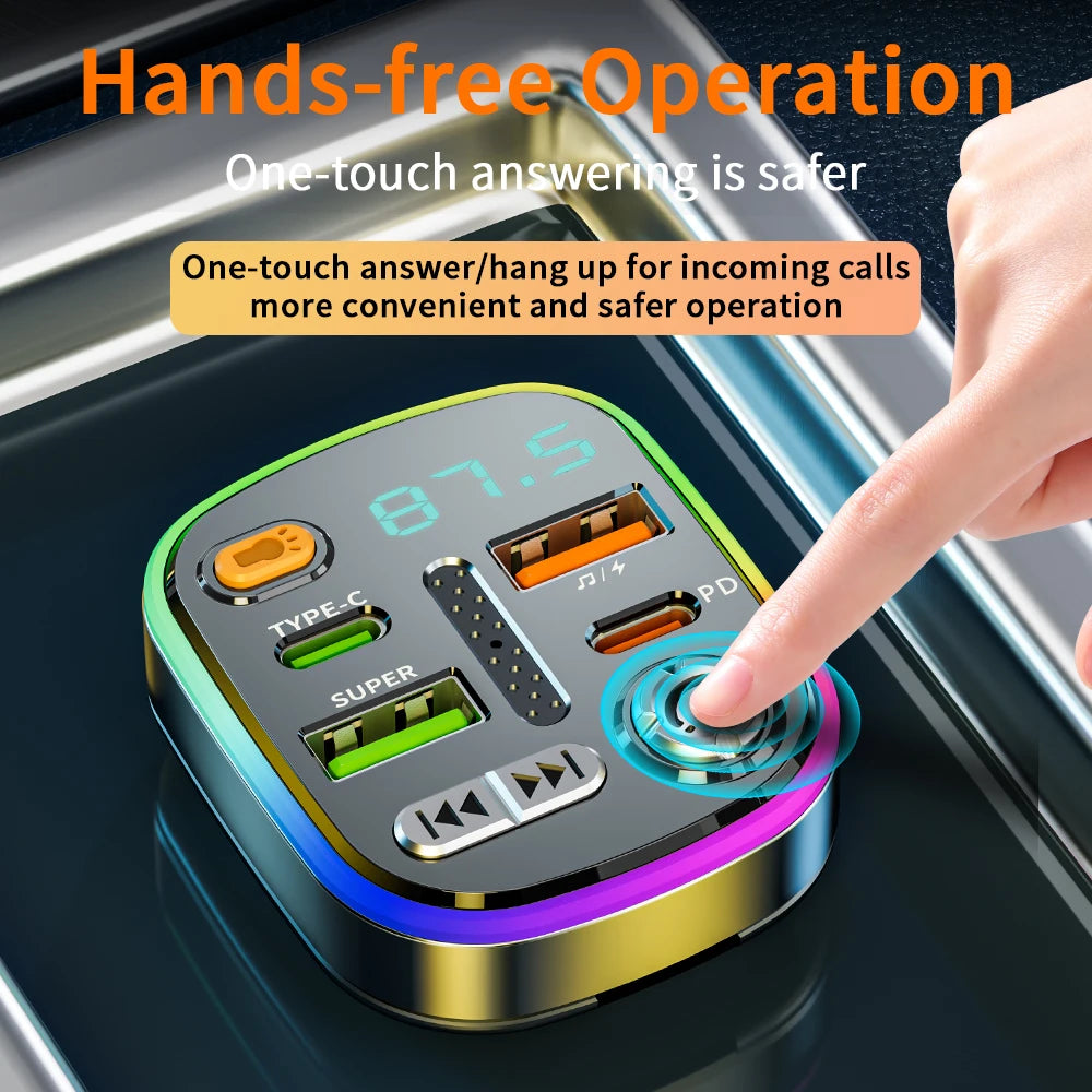 Bluetooth 5.0 FM Transmitter Car Charger Dual PD Type-C Dual USB Ambient Player MP3 Charger Type-C Wireless Light Handsfree