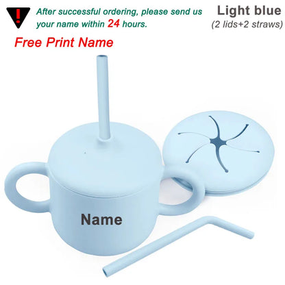 Food Grade Silicone Baby Feeding Cups Personalized Name Children Learn Drinking Cups Sippy Cups Kids Toddlers Straw Water Bottle