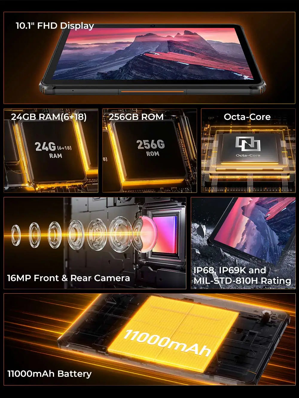 Oukitel RT9 Rugged TabletRugged Tablet 10.1" HD Display 24GB RAM 256GB Waterproof Tablet 11000mAh Battery Android 14.0 Tablet PC