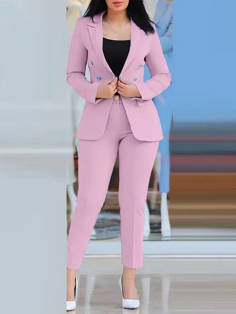 Office Lady 2 Pieces Blazer Set Ladies 2024 Elegant Pant Suit Women Chic Trousers Suit Casual Long Sleeve Jacket High Waist Pant