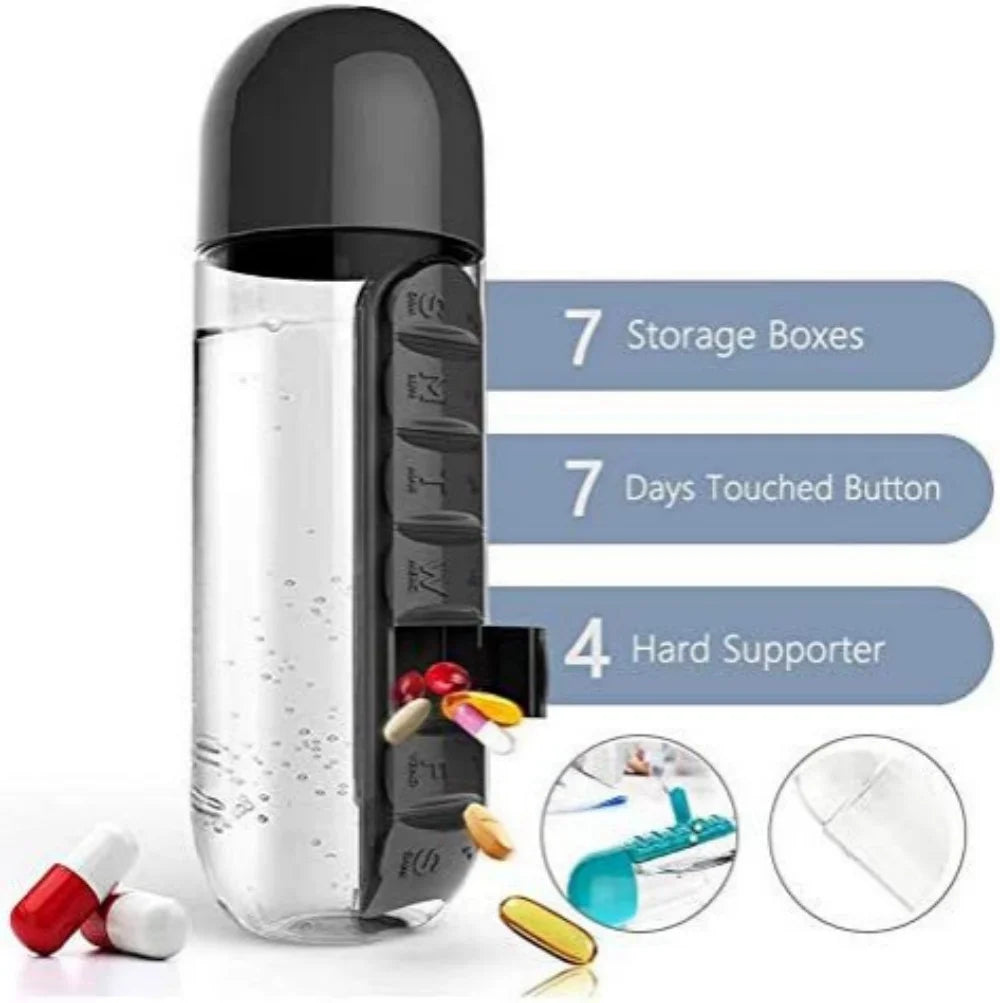 Portable Water Bottle With Built-in Pill Box for Medicines, Vitamins, Perfect for Outdoor, Gym, Fitness, Camping and Traveling