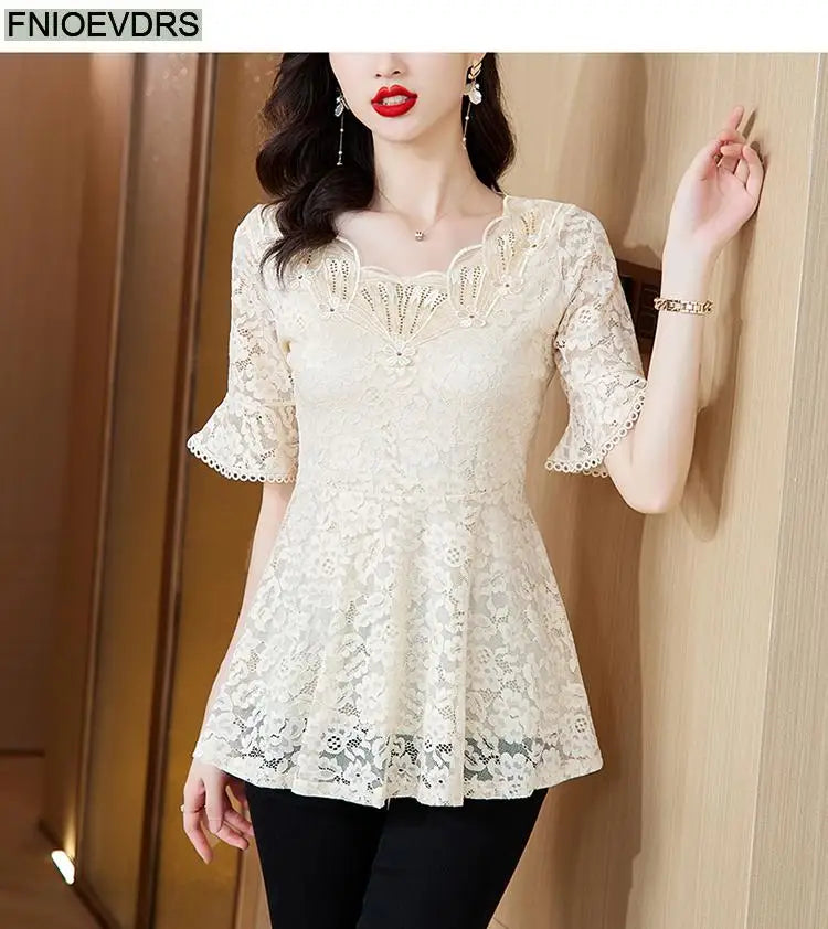 Office Shirts Basic Wear New Design 2025 Women Elegant Fashion Work Lady Bling Beaded Flare Sleeve Lace Tops Blouses
