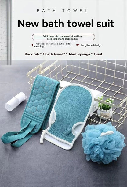 3 PCS Three-piece Bath Set, Rub Bath and Bath Artifact, Household Long Rub Back Towel, Bath Gloves, Bath Flower Set