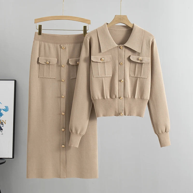 Elegant Office Sweaters Tops+slim High Waist Knitwear Skirts 2 Piece Sets Women New Streetwear Tracksuit Korean Fashion Autumn