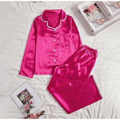 Women's sleepwear two piece set spring autumn satin long sleeved top long pants two piece set casual  comfortable home suit set