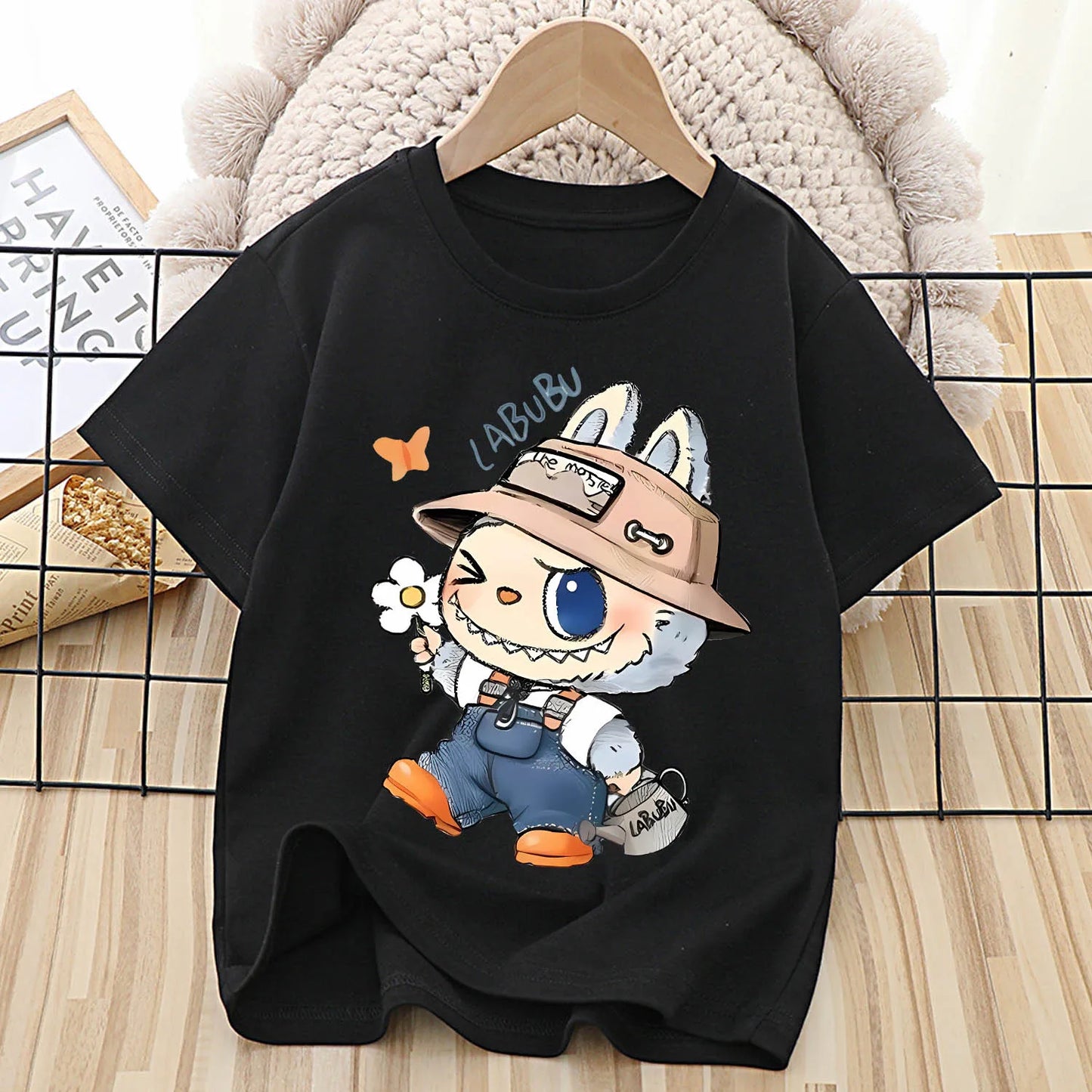 Labubu T-shirt for Children Cute Cartoon Anime Tee Top Black Short Sleeve Round Collar Clothes Fashion Kids Summer Clothing Gift