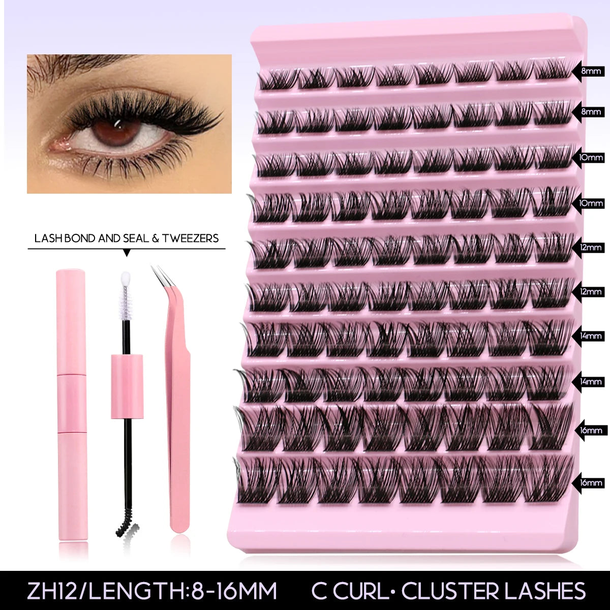 GROINNEYA DIY Lash Extension Kit Volume Lash Clusters Individual Lashes Thick Eyelash Extension Lash Bond & Seal & Lash Tweezers