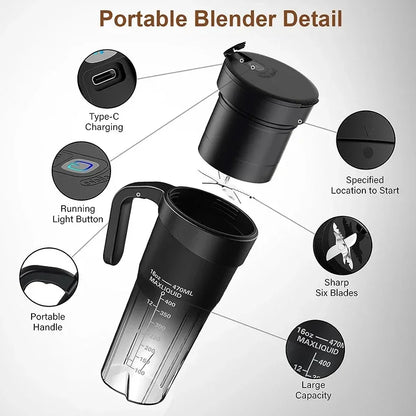 Portable Fruit Juicer 6 sharp Blades Rechargeable Personal Multifunctional Handheld Mini Blender Cup for Shakes and Smoothies