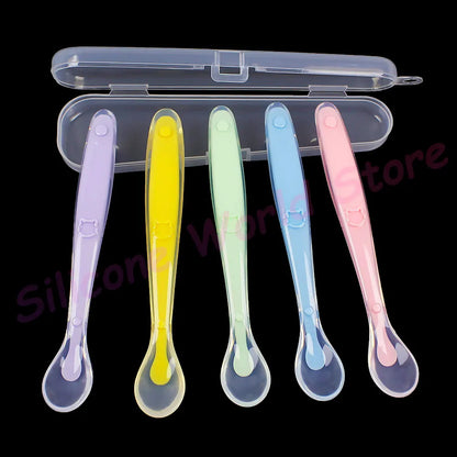 Silicone World Baby Complementary Food Silicone Spoon Training Spoon Soft Spoon Children's Feeding Tableware With Storage Box