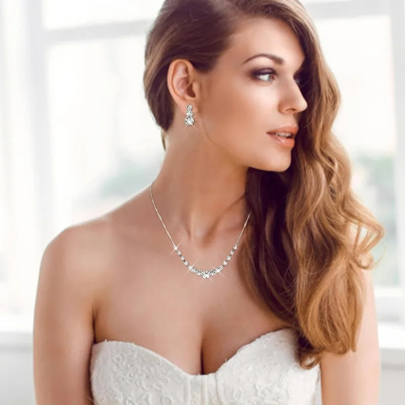 Silver Jewelry Set for Women Rhinestone Crystal Necklace Drop Earrings Link Bangle Bracelet for Bridal Wedding Bridemaid Prom