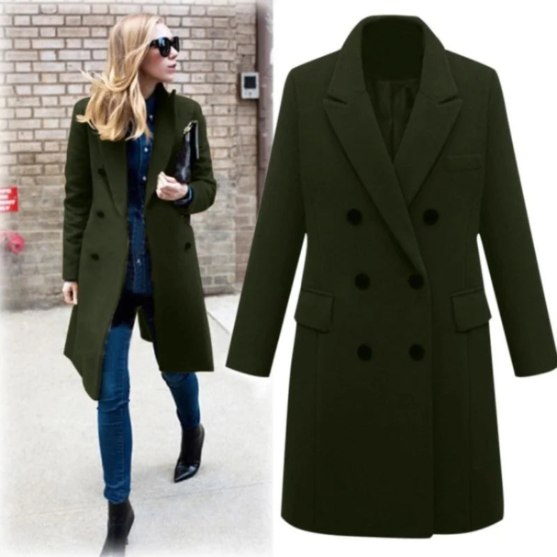 Officewear Casual Women Jackets Fashion Ladies Wool Loose Outwear Elegant Lapel Solid Double-breasted Coats For Autumn Winter