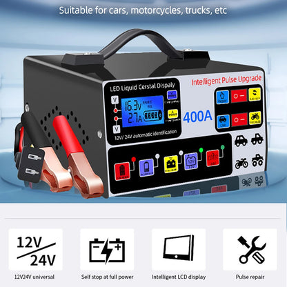 400A Intelligent Pulse Repair Charger Battery High Power Fast Charger 12V/24V Five-Stage Full Automatic Car Battery Charger 220W