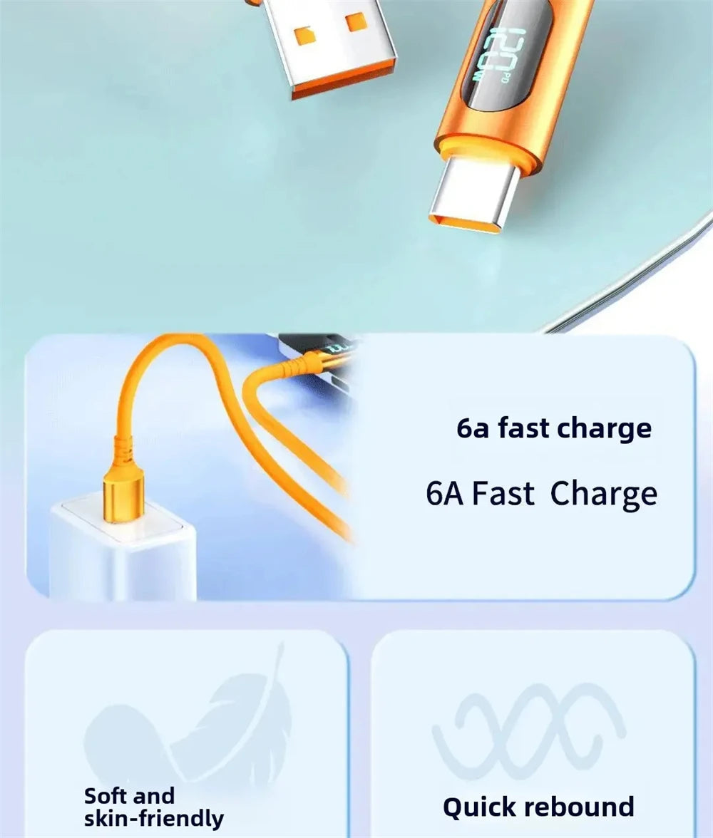 NNBILI 120W 6A Fast Charge USB Type C Quick Charge Cable For Huawei P70 Samsung OnePlus Realme Phone LED Digital Display Cables