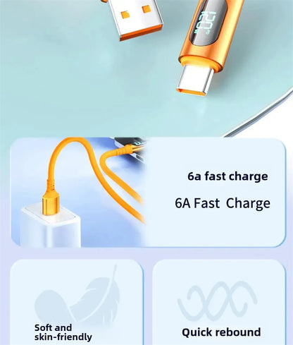 NNBILI 120W 6A Fast Charge USB Type C Quick Charge Cable For Huawei P70 Samsung OnePlus Realme Phone LED Digital Display Cables