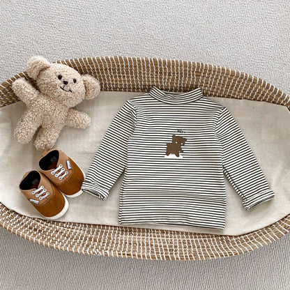 2025 Autumn Kids Baby Boys Shirts Striped Long Sleeve Cotton Bear Infant Boys Tops Stretch Versatile Toddler Boys Shirts