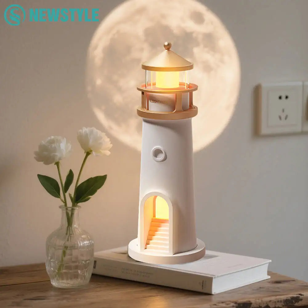 Bluetooth White Lighthouse Noise Music Night Light Dimmable Decorative Sensor Beside Nightlights Moon Projection Desktop Lamp