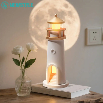 Bluetooth White Lighthouse Noise Music Night Light Dimmable Decorative Sensor Beside Nightlights Moon Projection Desktop Lamp