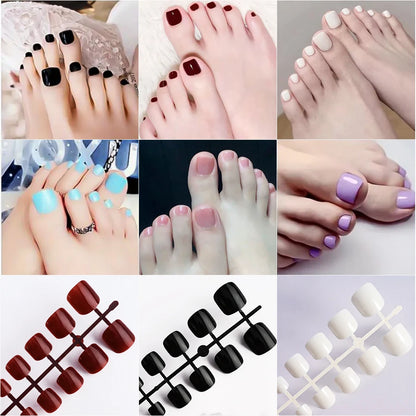 144pcs Short Square False Toe Nails Lake Blue/White/Red/Nude Press on Toenails Glossy Full Cover Toe Nails 100/120pcs Artificial