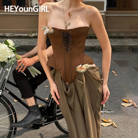 HEYounGIRL Sexy Women Butterfly Detail Strapless Long Dress Aesthetic Chic Detachable Corset Top Vintage Elegant Maxi Dresses