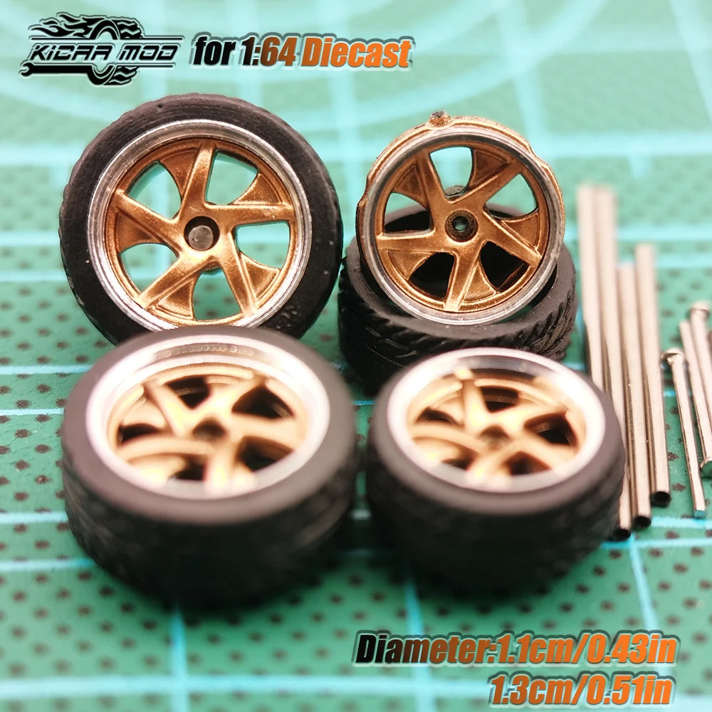 Kicarmod 1/64 Model Car ABS Wheels with Rubber Tire Metal Rims Front Small Rear Large Refitting Parts For Model Car Hot Wheels