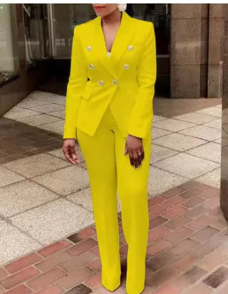 New Office Ladies Two Piece Sets Womens Outifits 2025 Spring Fashion Long Sleeve Double Breasted Blazer Plain Elegant Pants Set